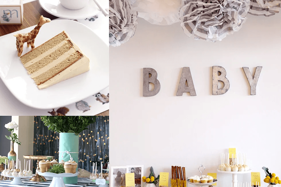 collage of gender-neutral baby shower decor