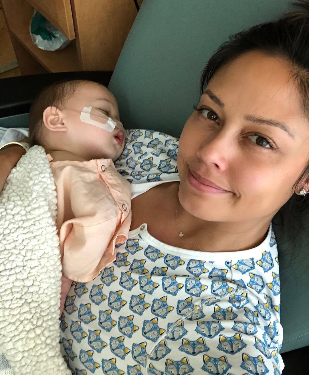 Venessa Lachey holding newborn baby with oxygen tube