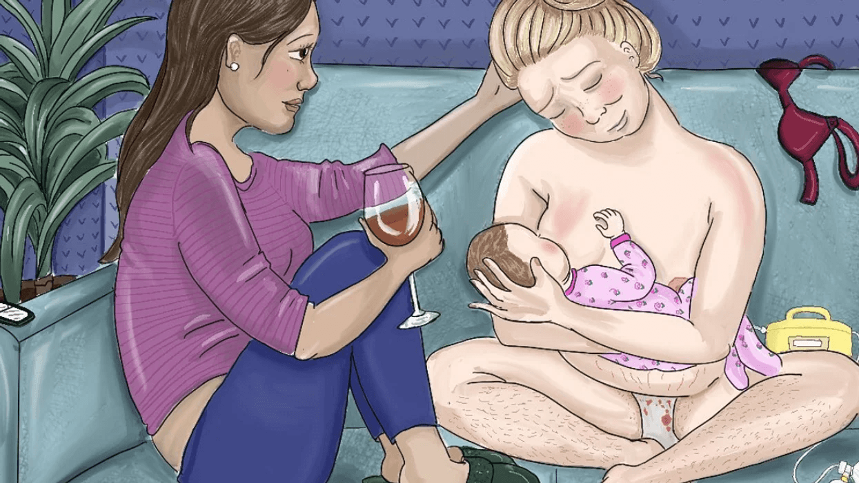 comic of a mom breastfeeding while a friend supports her