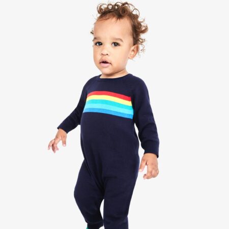 primary sweater romper in rainbow stripe