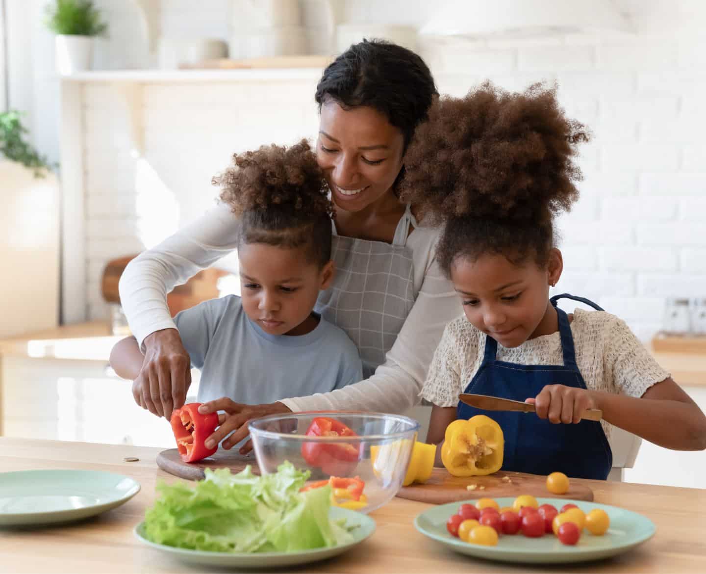 mom and kids cooking