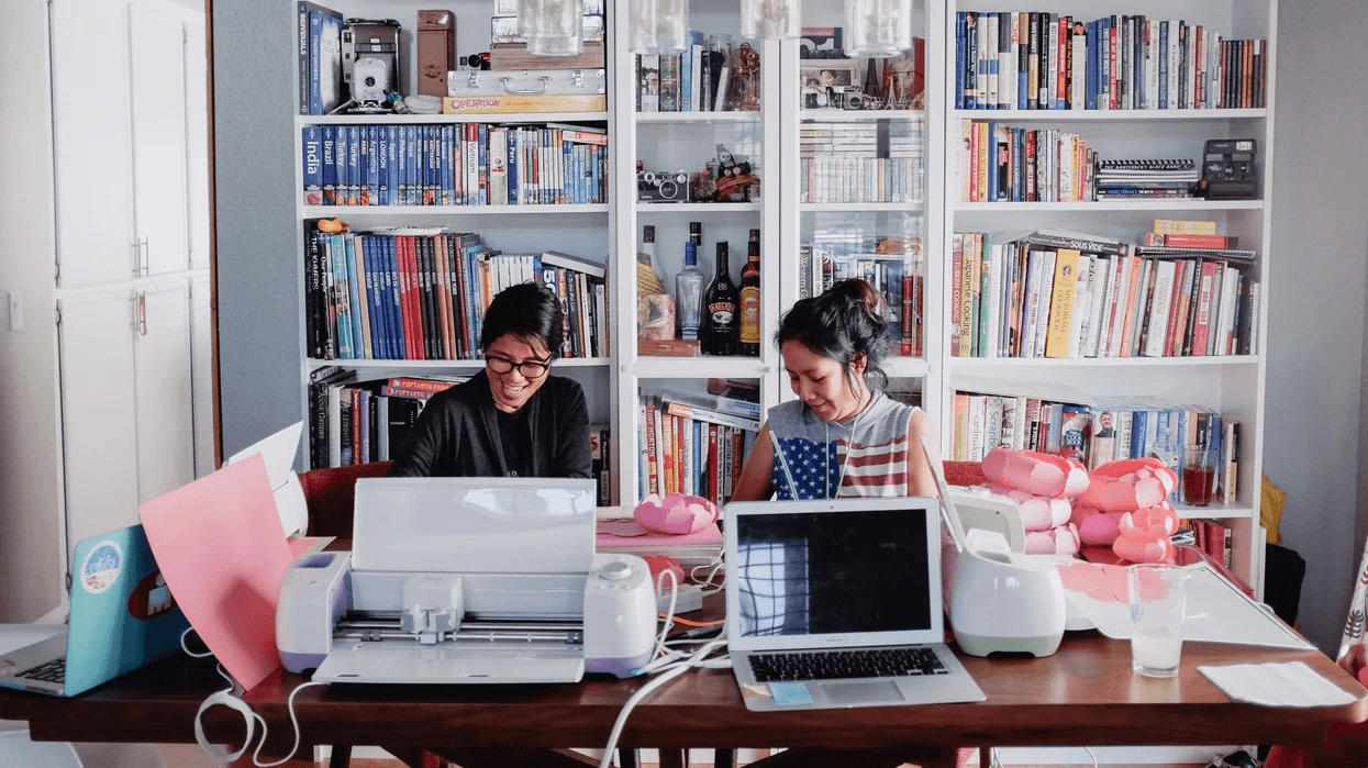 two woman working in a home office