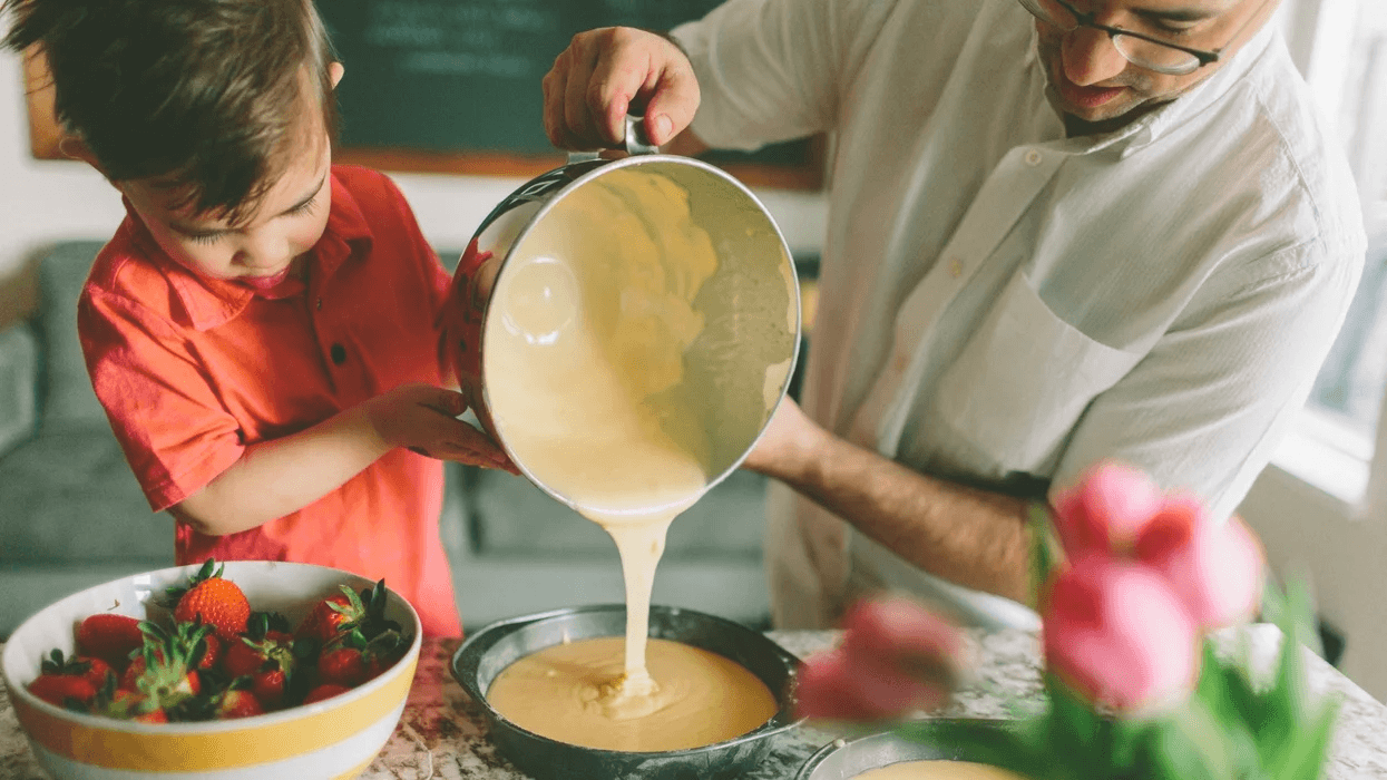 dad and son baking together