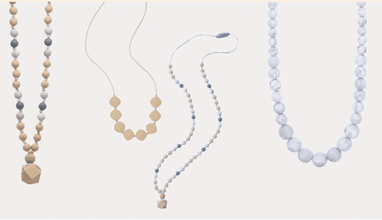 collage of teething necklaces