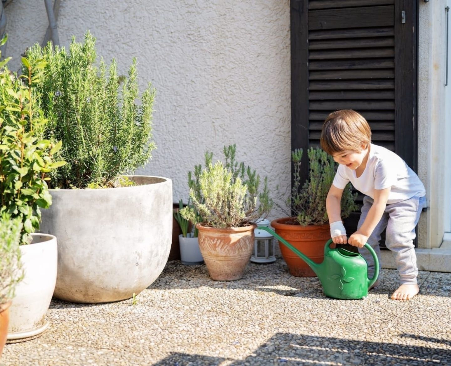 little boy on patio with watering can