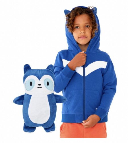 blue zip up hoodie with a stuffed animal