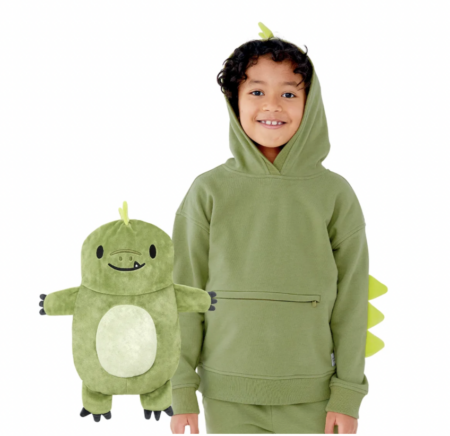 child wearing sweatshirt that folds into a dinosaur