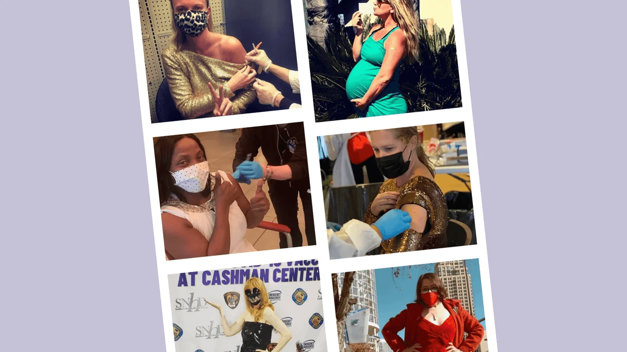 collage of people wearing gowns to get their COVID-19 vaccines