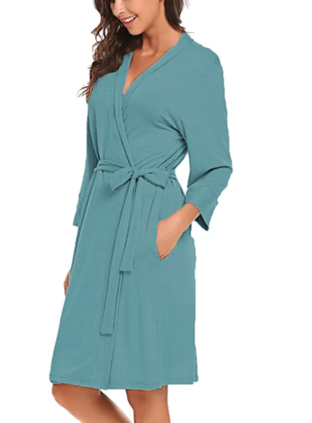 woman wearing soft teal robe