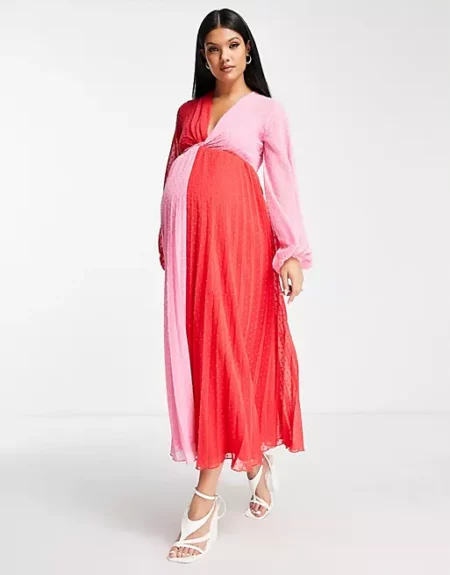 ASOS DESIGN Maternity textured twist front pleated midi dress in red and pink color block