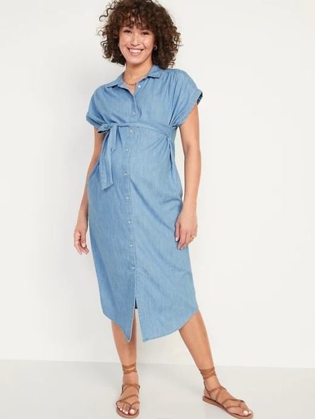 Old Navy Short Sleeve Tie Waist Chambray Midi Dress