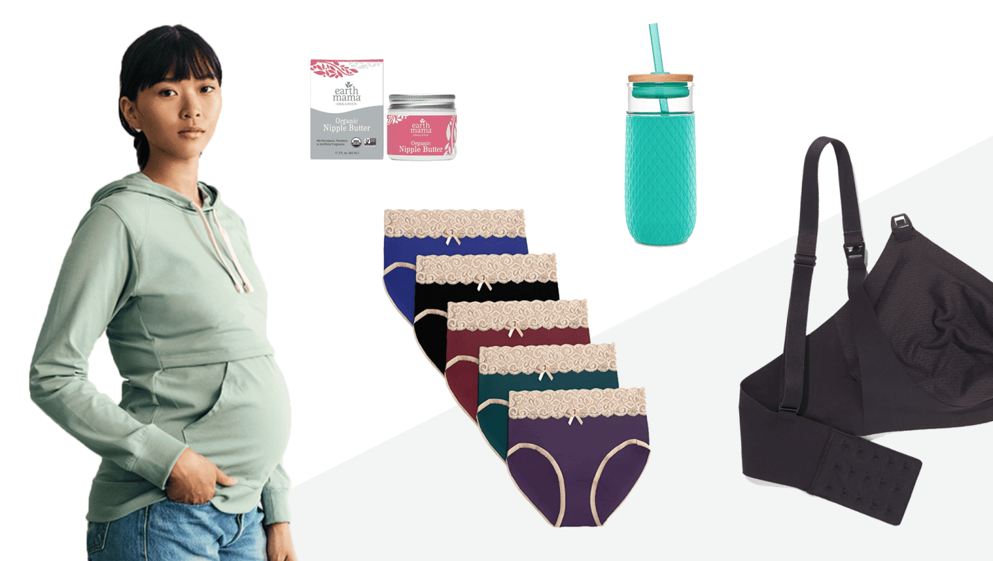 collage of postpartum items