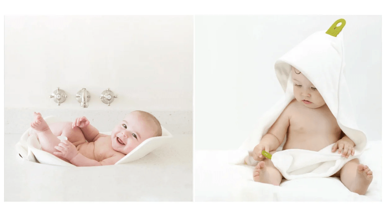 baby in a bath and baby in a towel