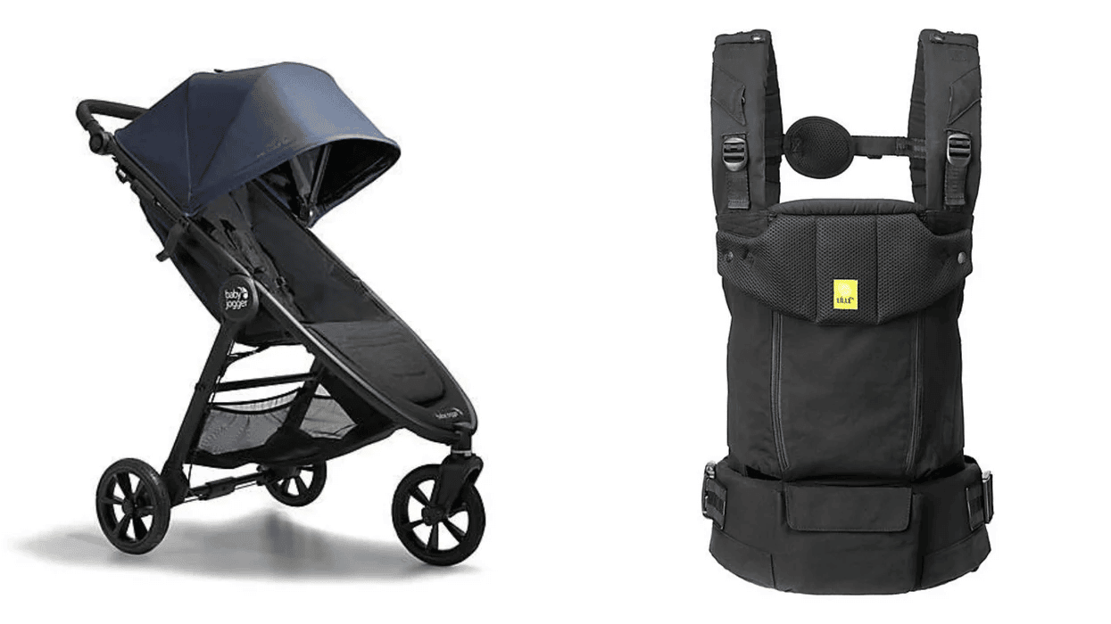 collage of baby carrier and stroller