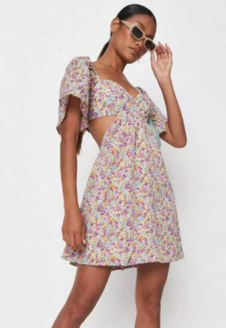 MISSGUIDED Purple Floral Print Cut Out Skater Dress