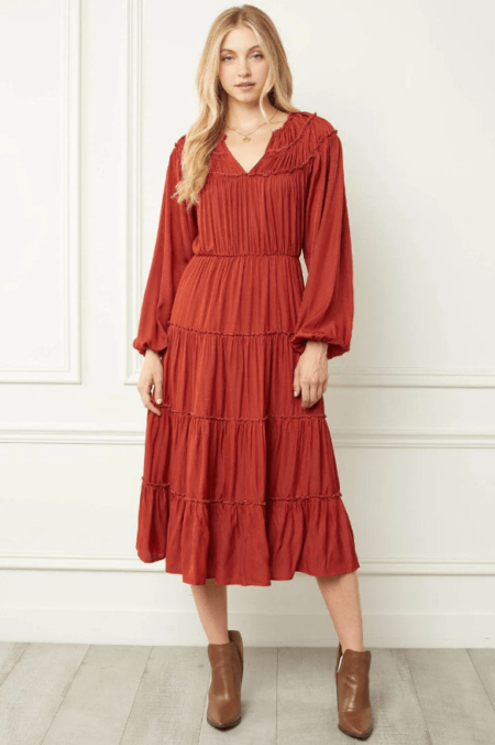 Sensual Fashion Boutique Entro Terracotta Long Sleeve Tiered Ruffle Midi Dress Motherly
