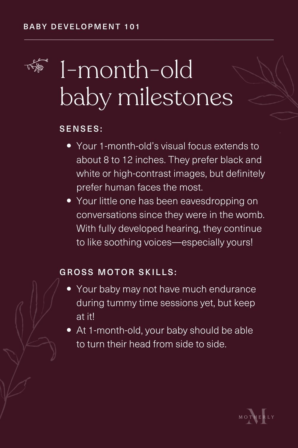 printable summary of 1-month-old baby milestones - sensory and motor development
