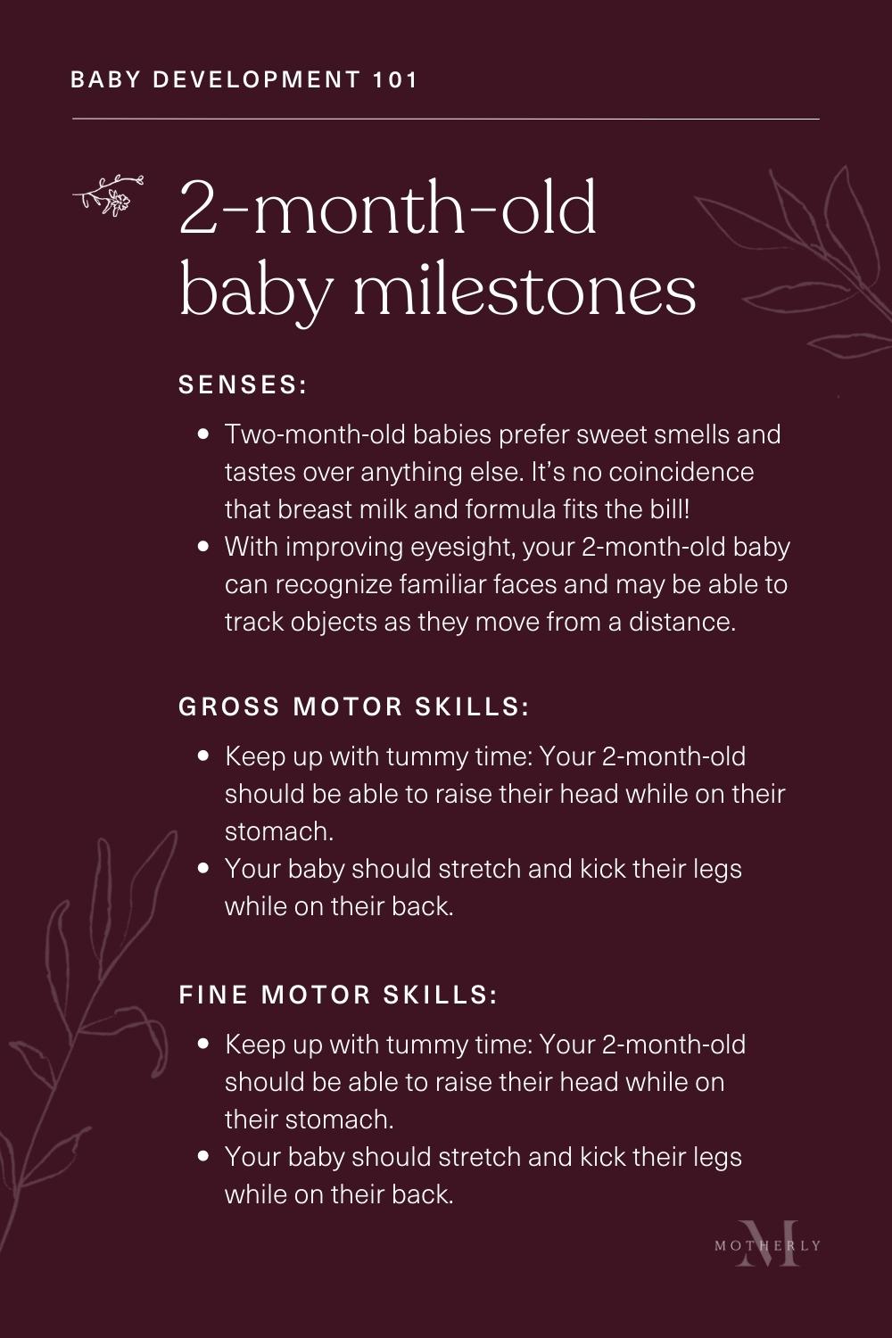 printable summary of 2-month-old baby milestones - sensory and motor development
