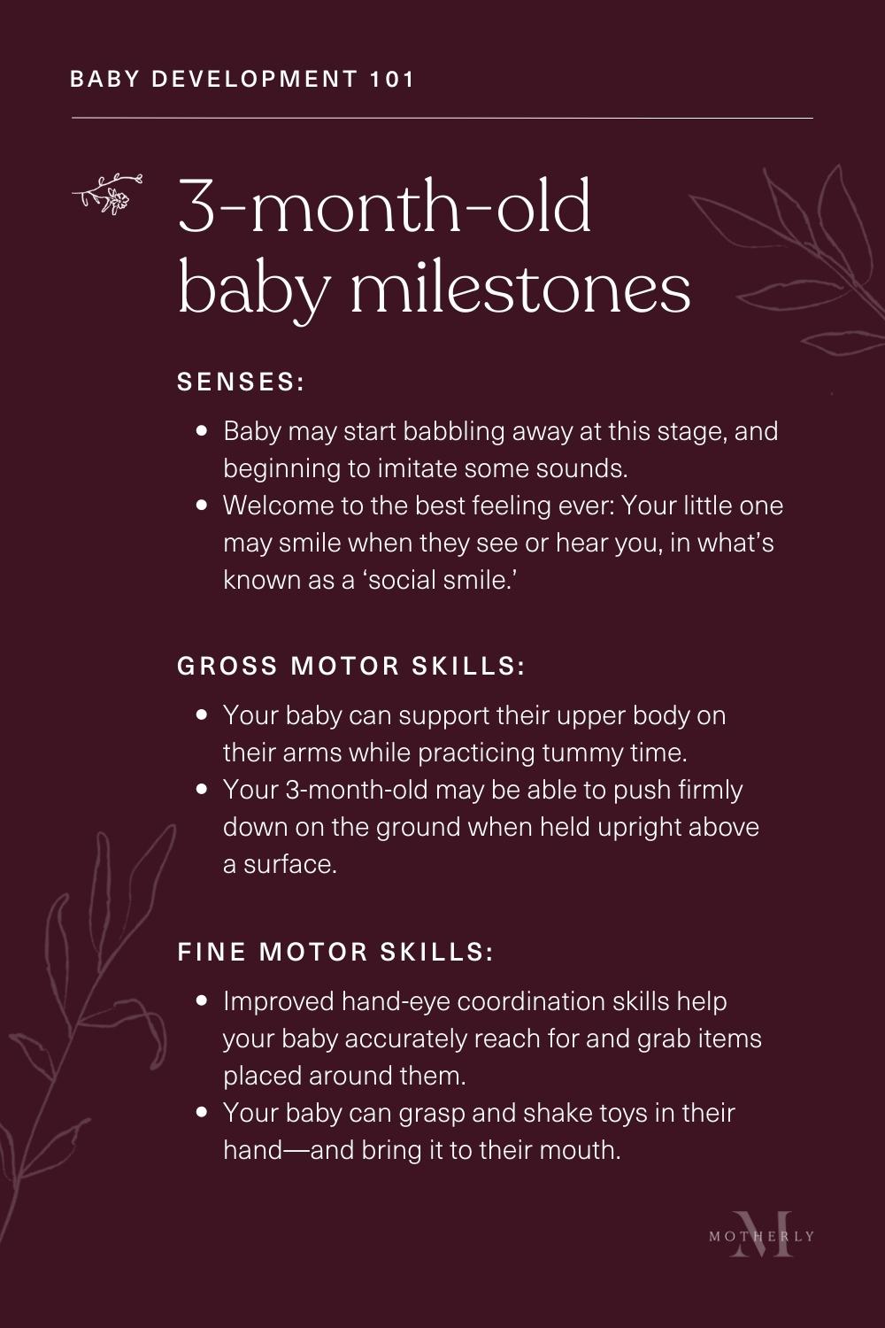 summary of 3-month-old baby milestones - sensory and motor development