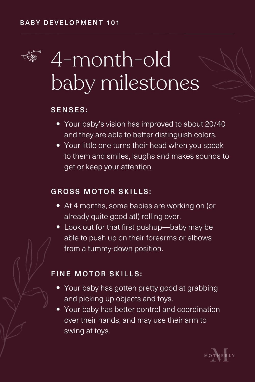 summary of 4-month-old baby milestones - sensory and motor development
