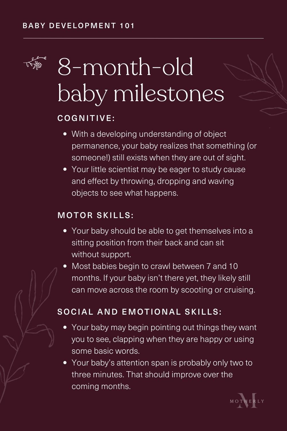 summary of 8-month-old baby milestones - sensory and motor development