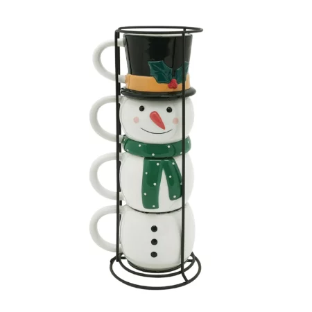 Holiday Time Snowman Stackable Stonewear Mugs with Metal Rack