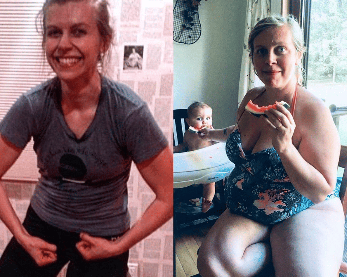 side-by-side of mom before and after having a baby