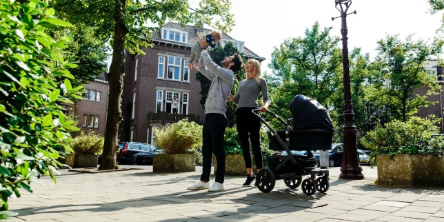 parents taking child for a walk in a stroller