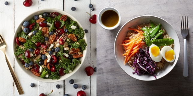 two lunch bowls of salad