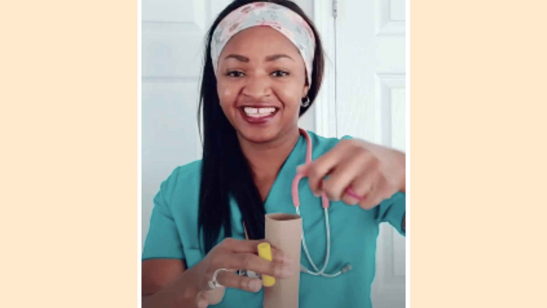 woman putting toddler toys in a toilet paper roll