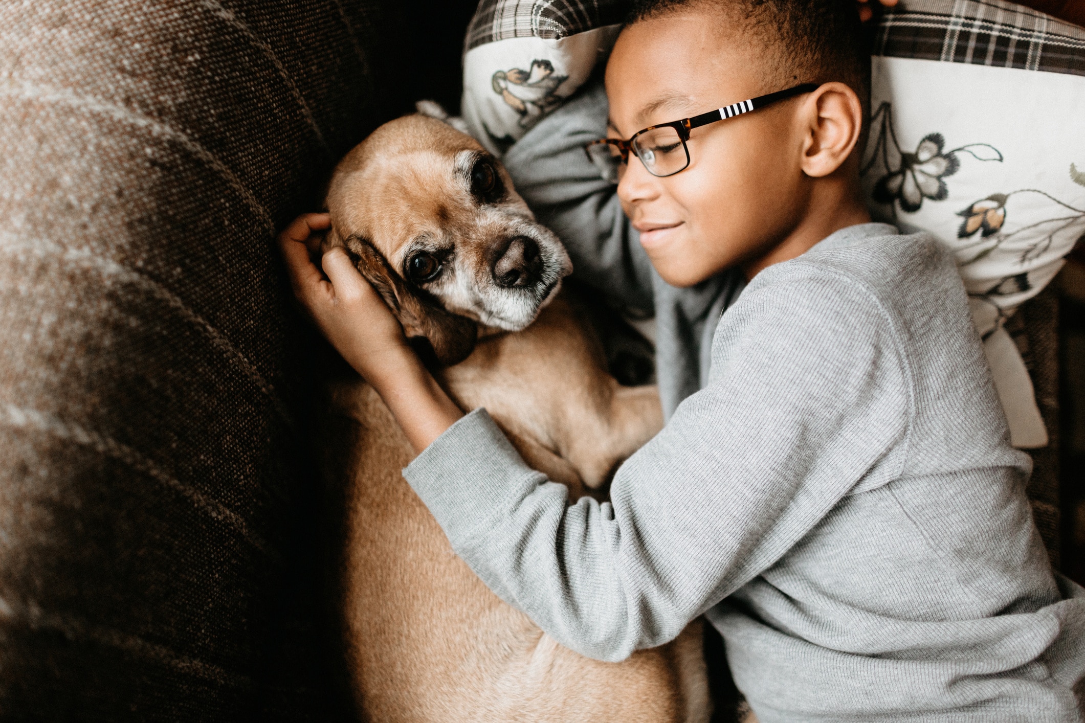 child hugging a dog on the couch