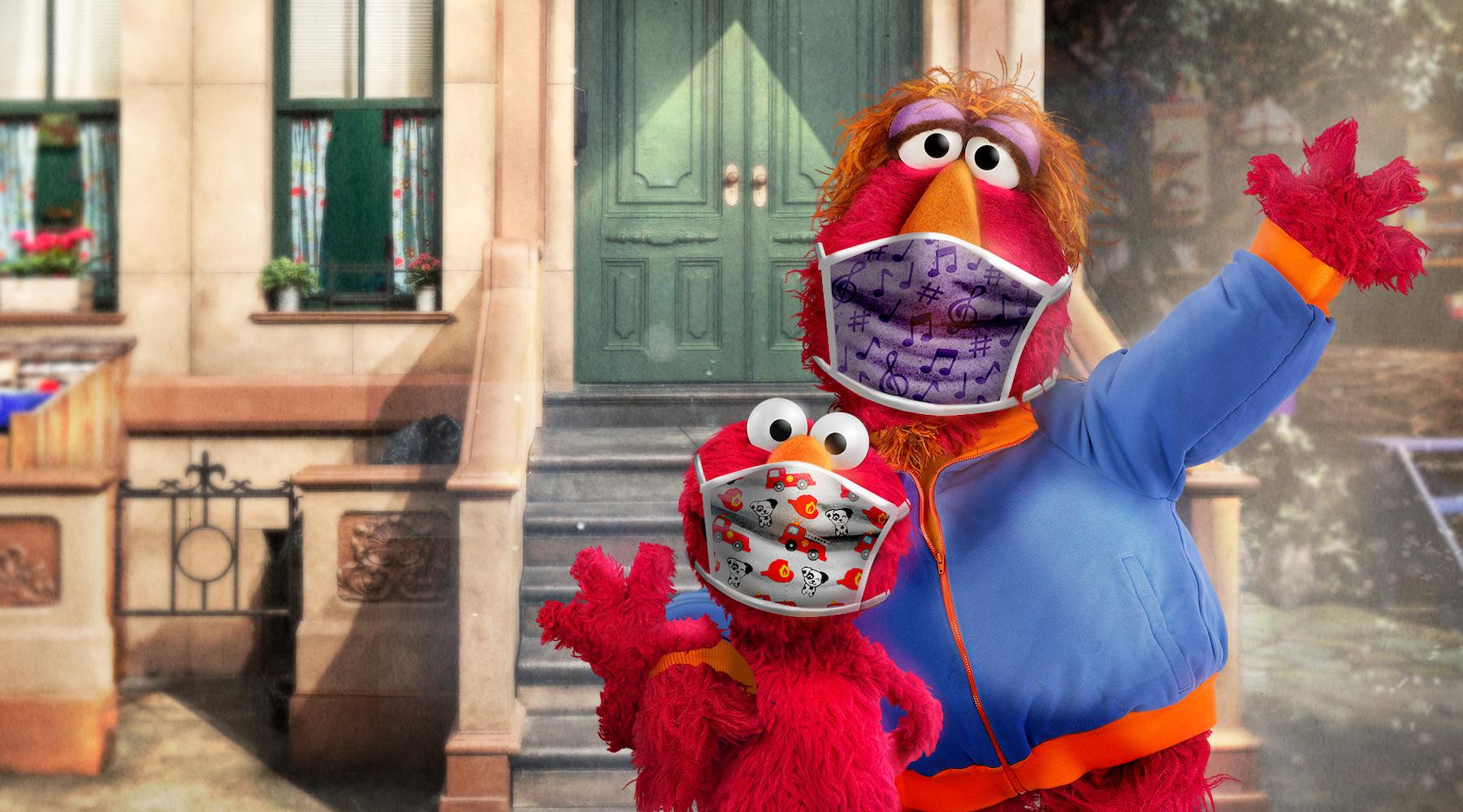 Sesame Street characters wearing masks