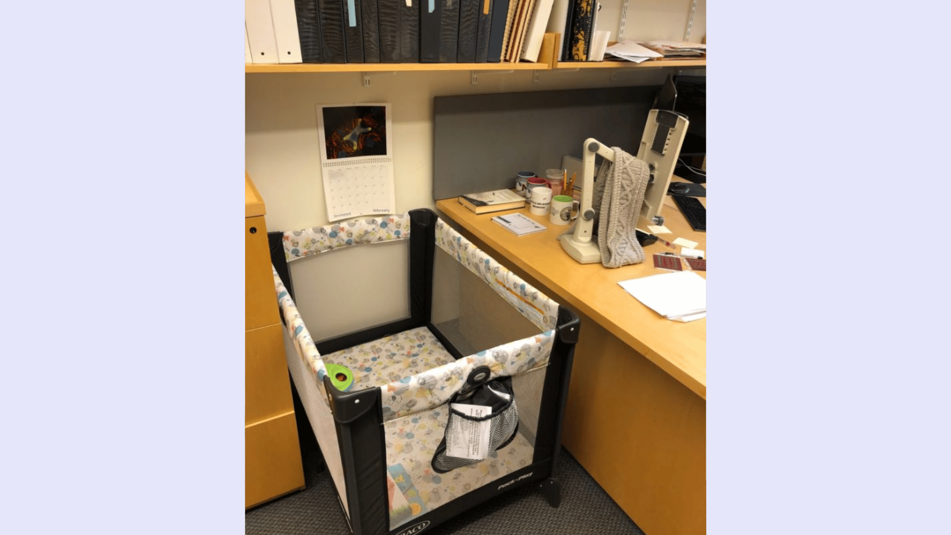 pack n play set up in an office