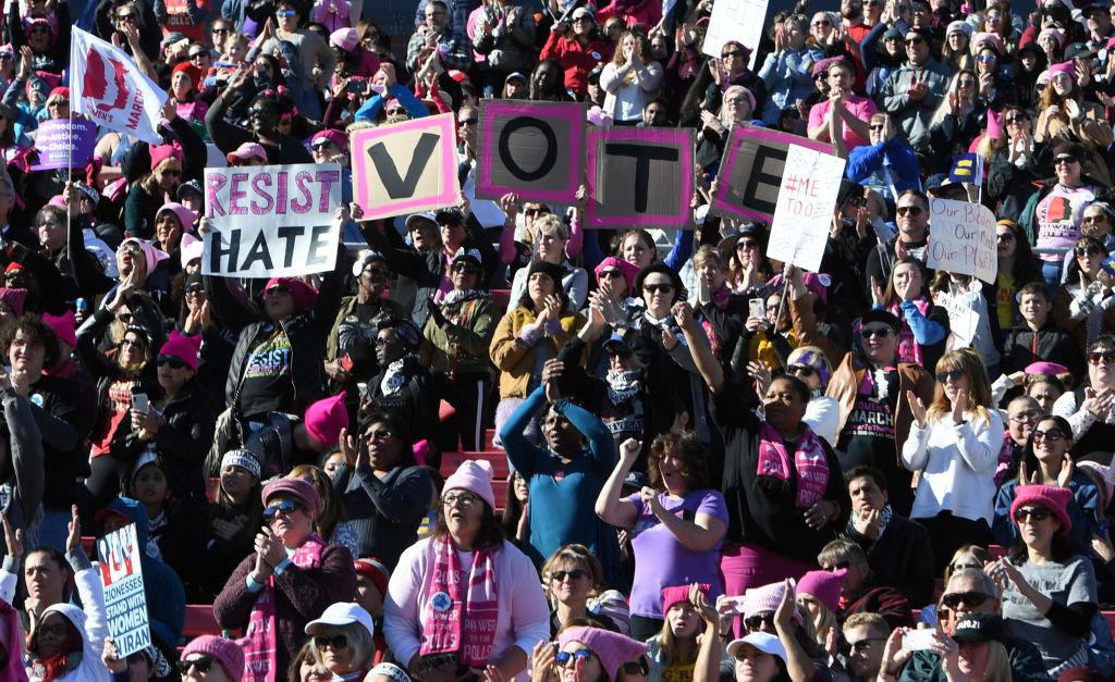 Women's Equality Day protest for women's rights crowd shot