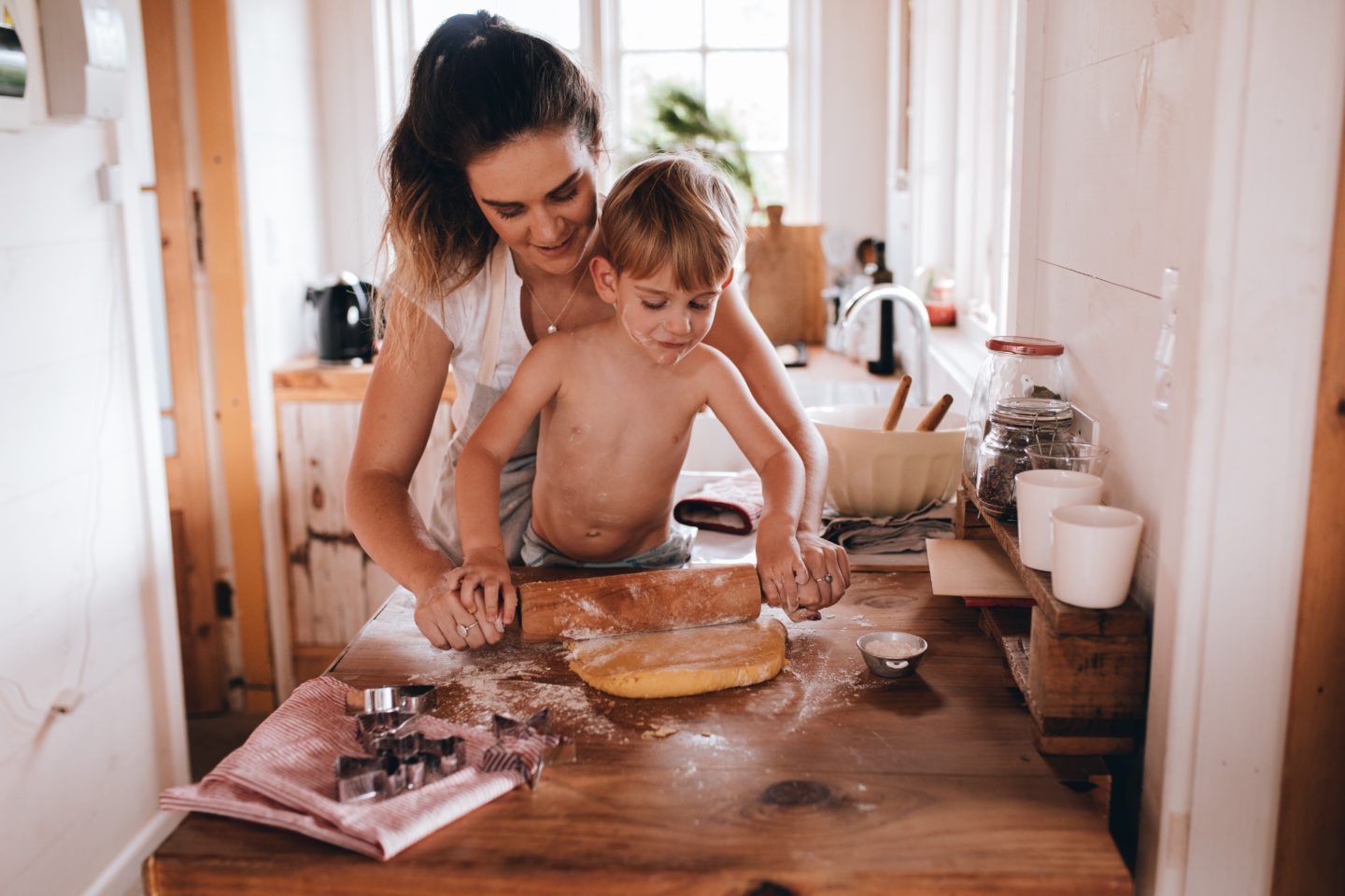 mom baking with child
