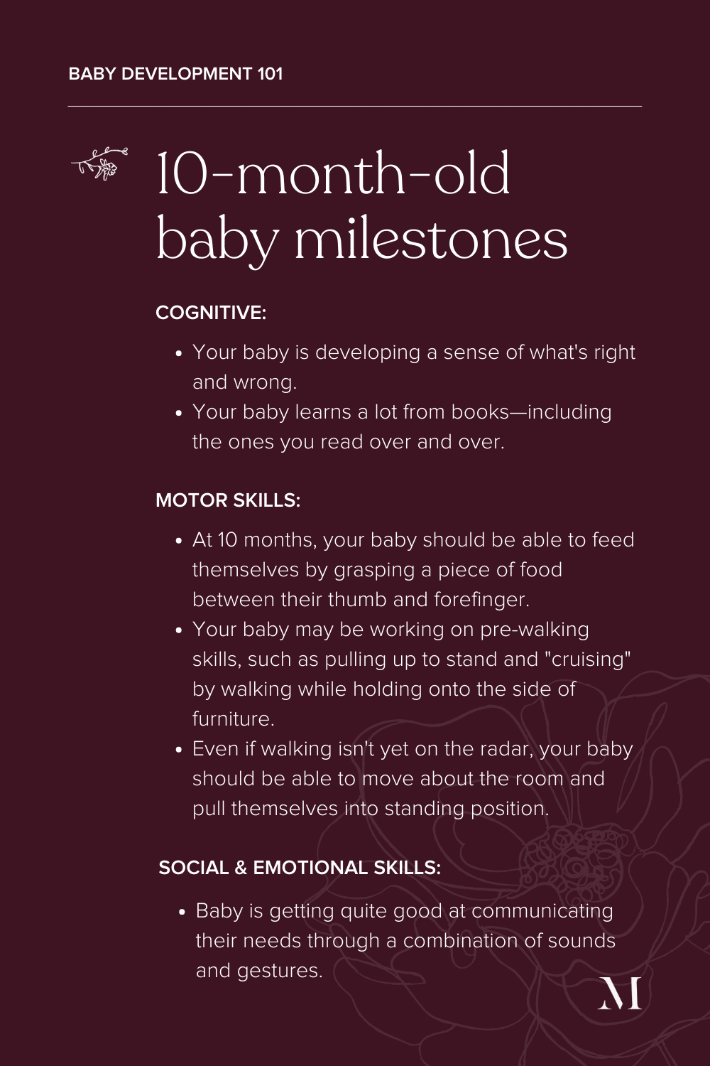 summary of 10-month-old baby milestones - sensory and motor development