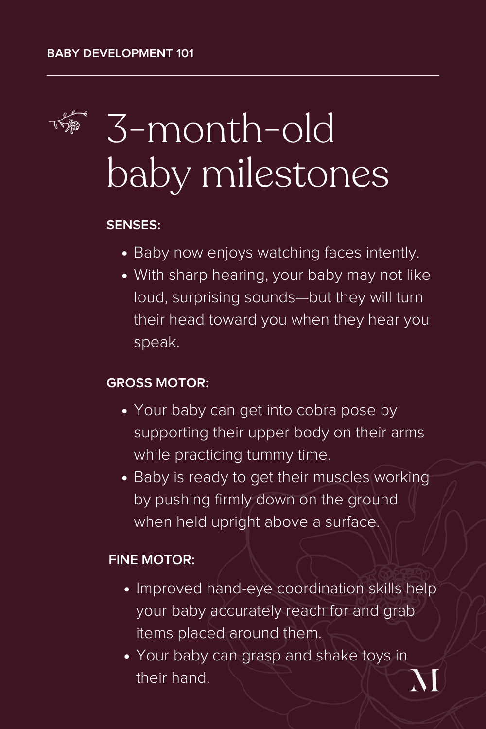 summary of 3-month-old baby milestones - sensory and motor development