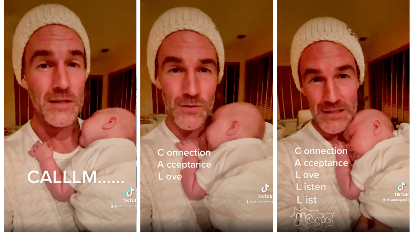 James Van Der Beek holding newborn