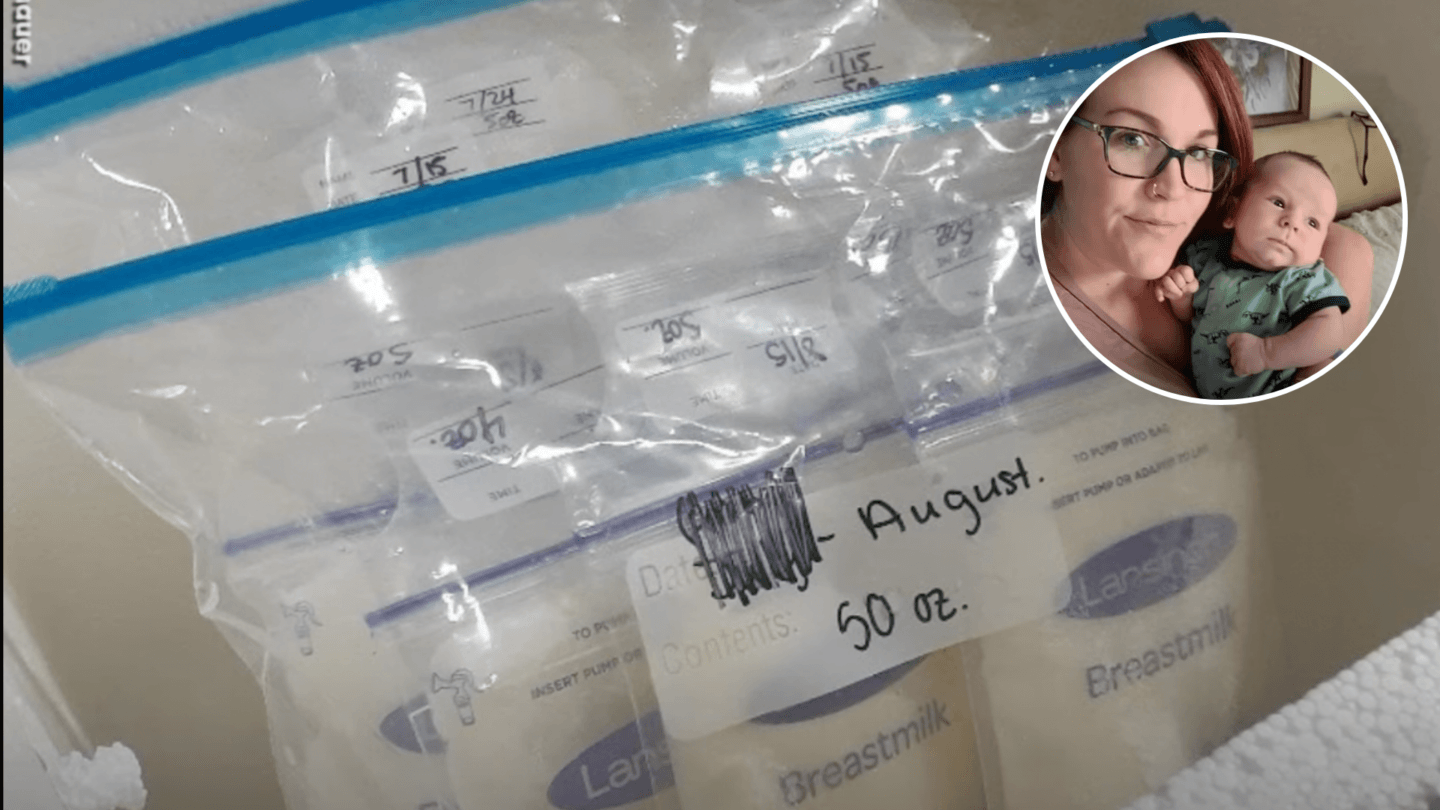 Donated breastmilk with an inset of mom who died of COVID