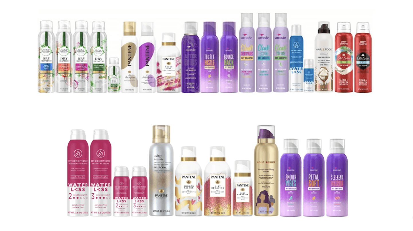 lineup of proctor & gamble dry shampooslineup of proctor & gamble dry shampoos