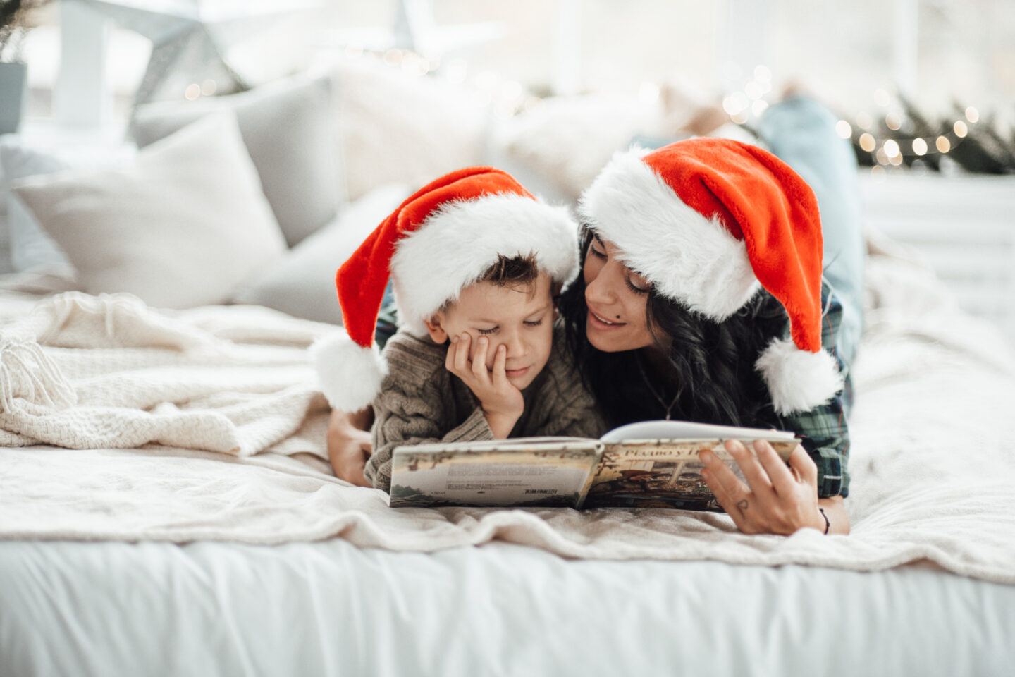 Mother and son reading Christmas books