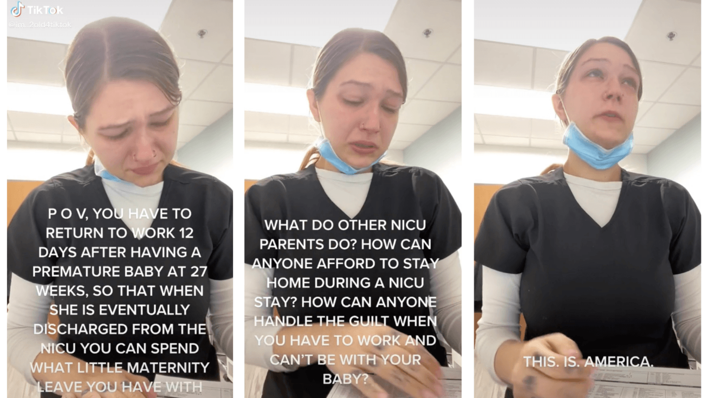 Emotional mom talking about maternity leave on TikTok