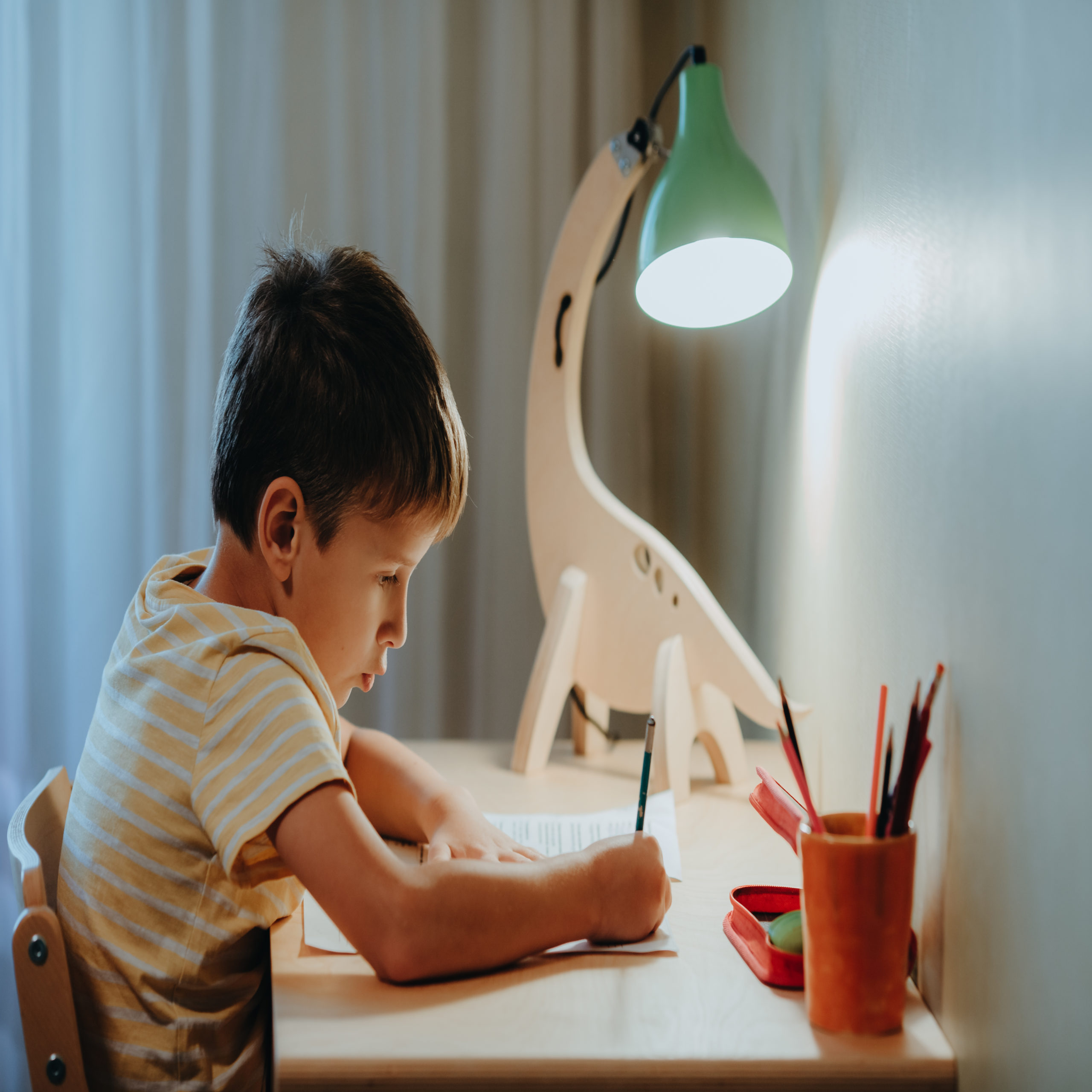 boy doing his homework while sitting by desk home interier diy dinosaur lamp illuminates the tabletop t20 KJ730x scaled Motherly