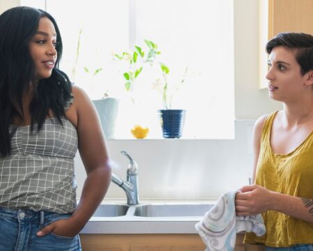 two women in kitchen talking Motherly
