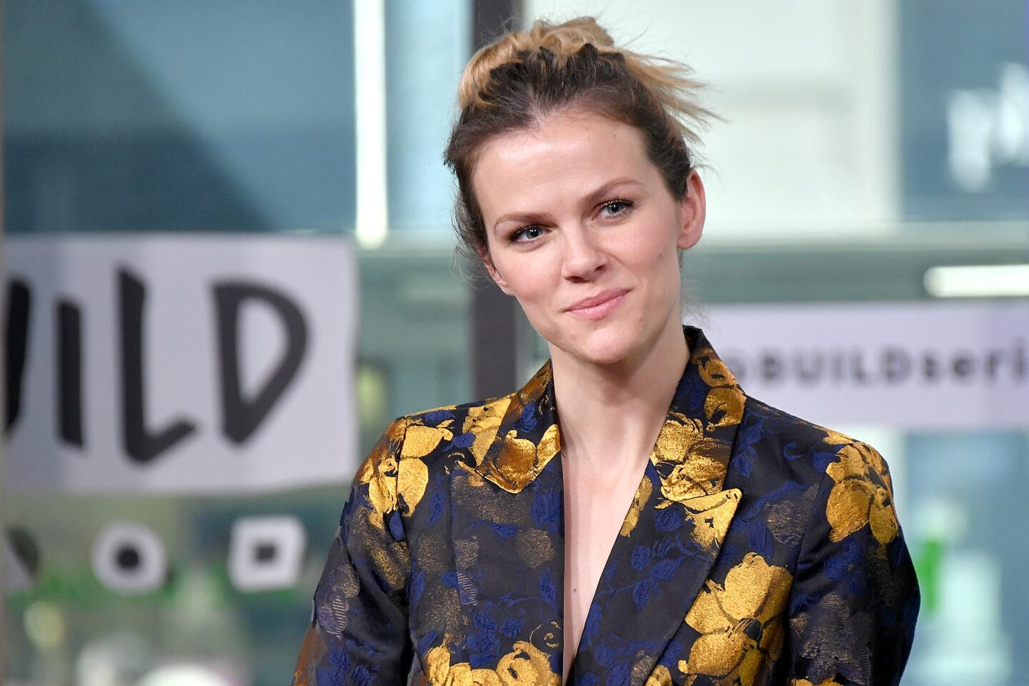 Brooklyn Decker wearing yellow floral jacket