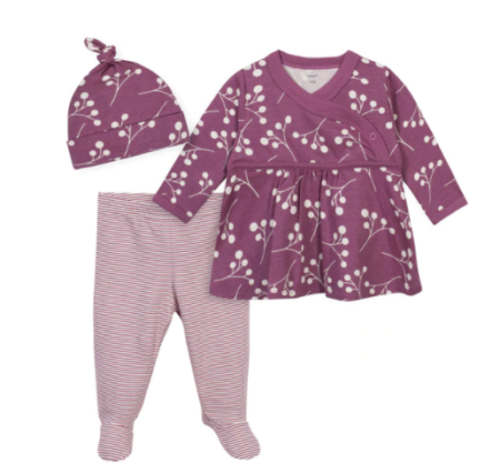 3-Piece Baby Girls Comfy Stretch Floral Organic Shirt, Footed Pant and Cap Set