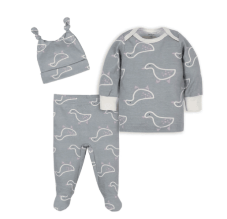 3-Piece Baby Girls Comfy Stretch Ducklings Organic Shirt, Footed Pant and Cap Set