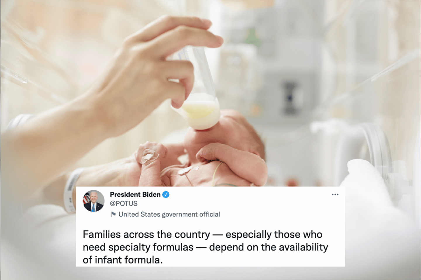 Formula shortage tweet overlay on newborn baby drinking bottle