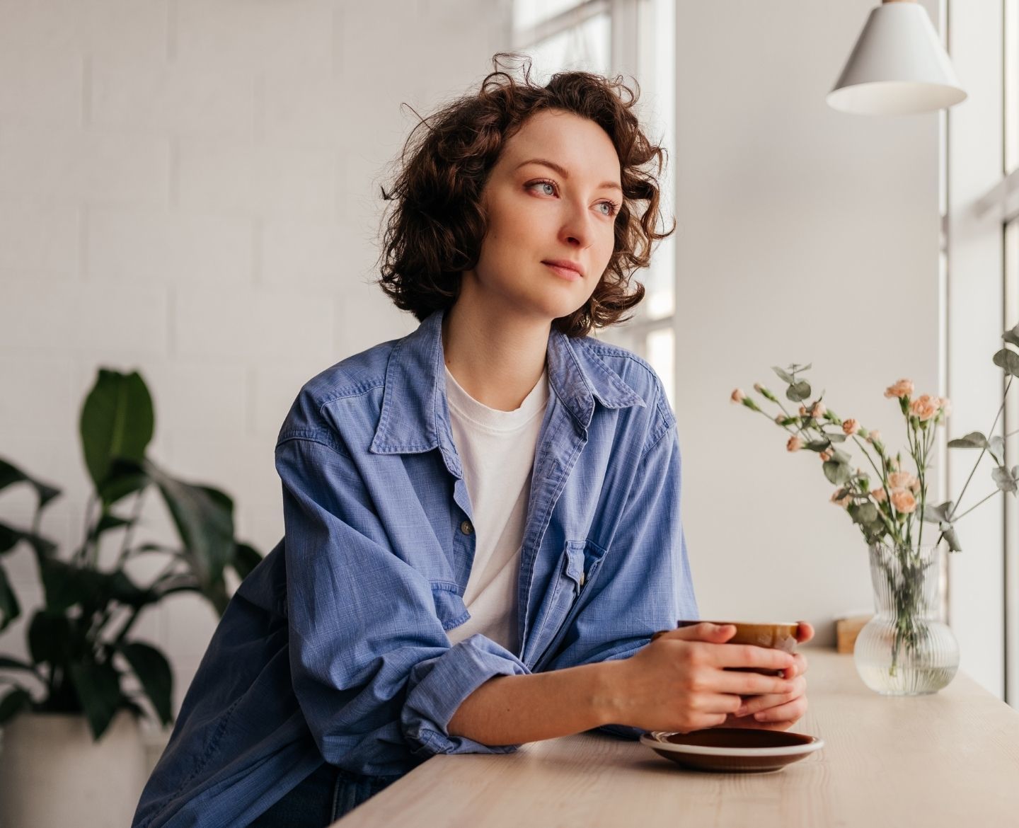 woman holding coffee mug, looking out a window