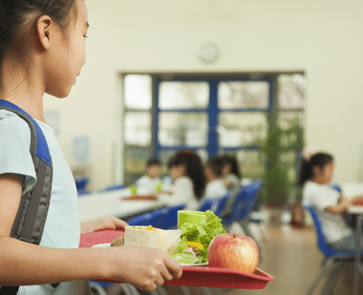 Little girl holding school lunch tray